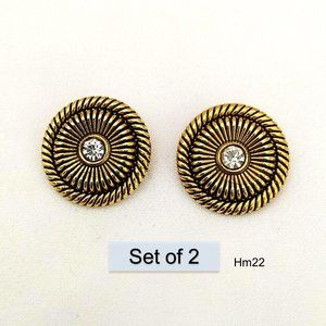 Set of 2 Brass Rope Style Metal Button Round Vintage Gold Shank Clear Stone 17mm